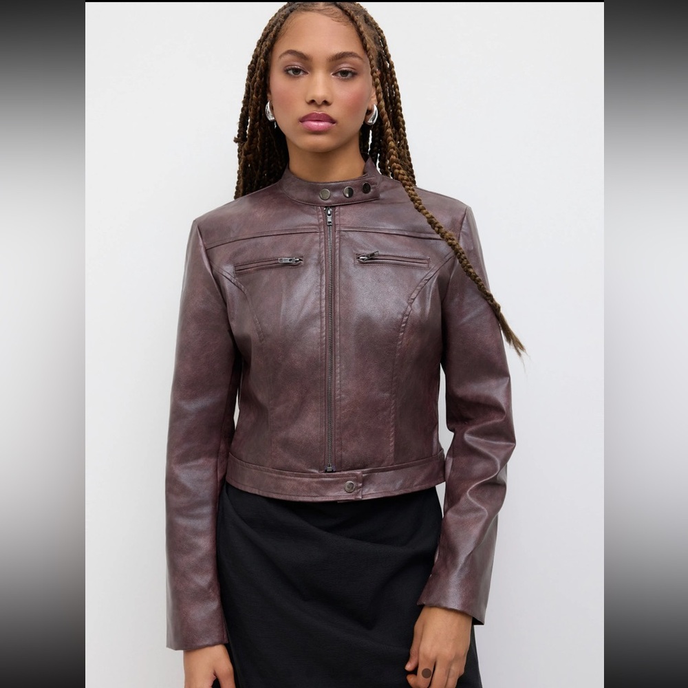 Cider Faux Leather Stand Collar Zipper Biker Jacket
